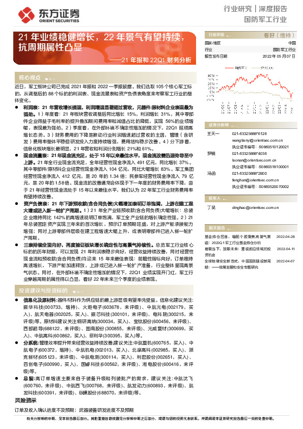 国防军工行业21年报和22Q1财务分析：21年业绩稳健增长，22年景气有望持续，抗周期属性凸显