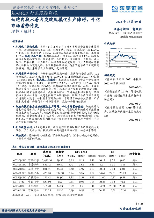 基础化工行业跟踪周报：细胞肉技术着力突破规模化生产障碍，千亿市场蓄势待发