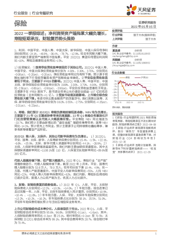 保险2022一季报综述：净利润受资产端拖累大幅负增长，寿险短期承压，财险复苏势头强势
