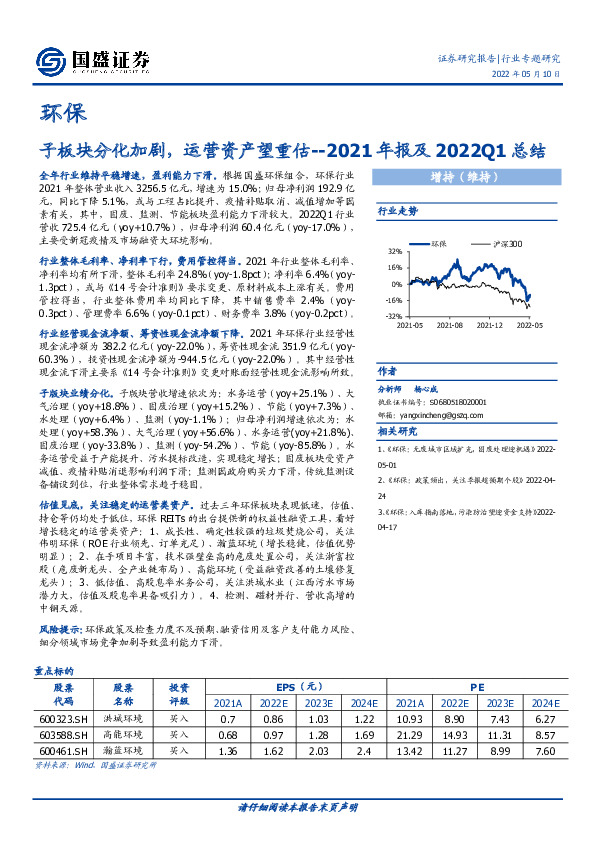 环保2021年报及2022Q1总结：子板块分化加剧，运营资产望重估