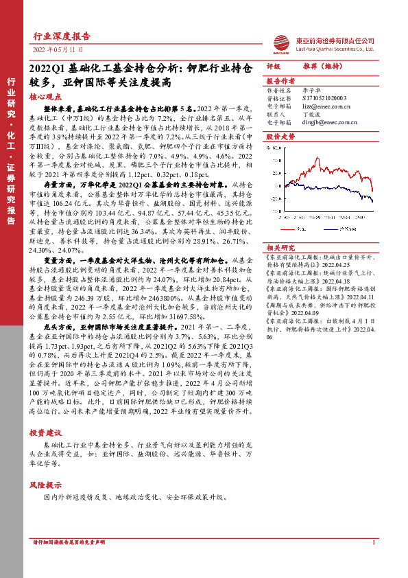 2022Q1基础化工基金持仓分析：钾肥行业持仓较多，亚钾国际等关注度提高