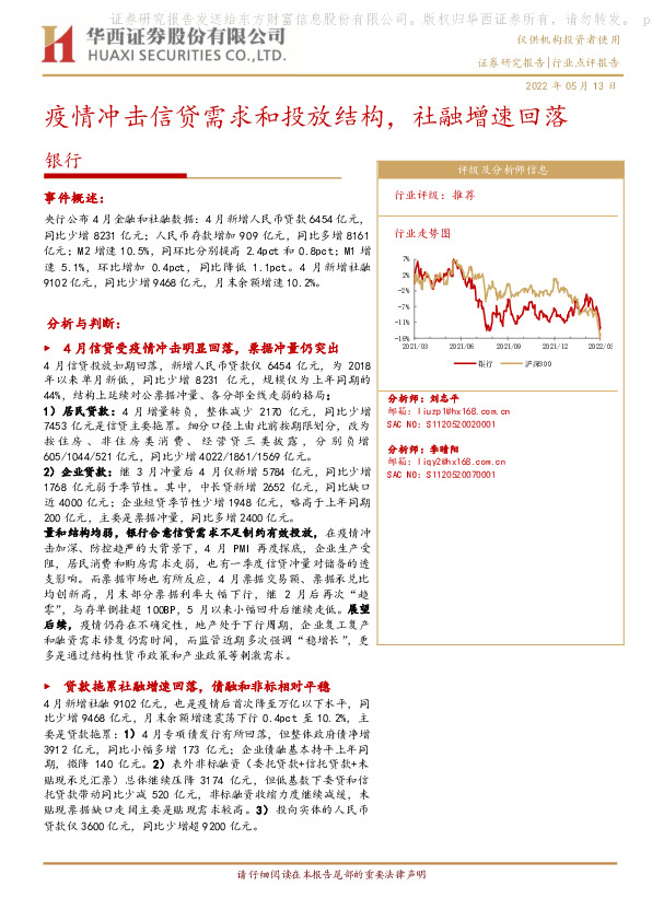 银行行业点评报告：疫情冲击信贷需求和投放结构，社融增速回落
