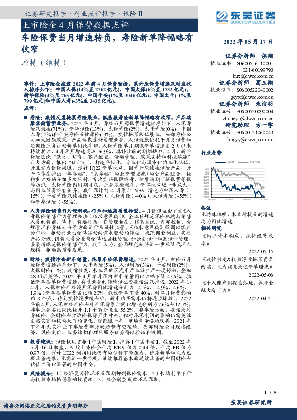 保险Ⅱ：上市险企4月保费数据点评：车险保费当月增速转负，寿险新单降幅略有收窄