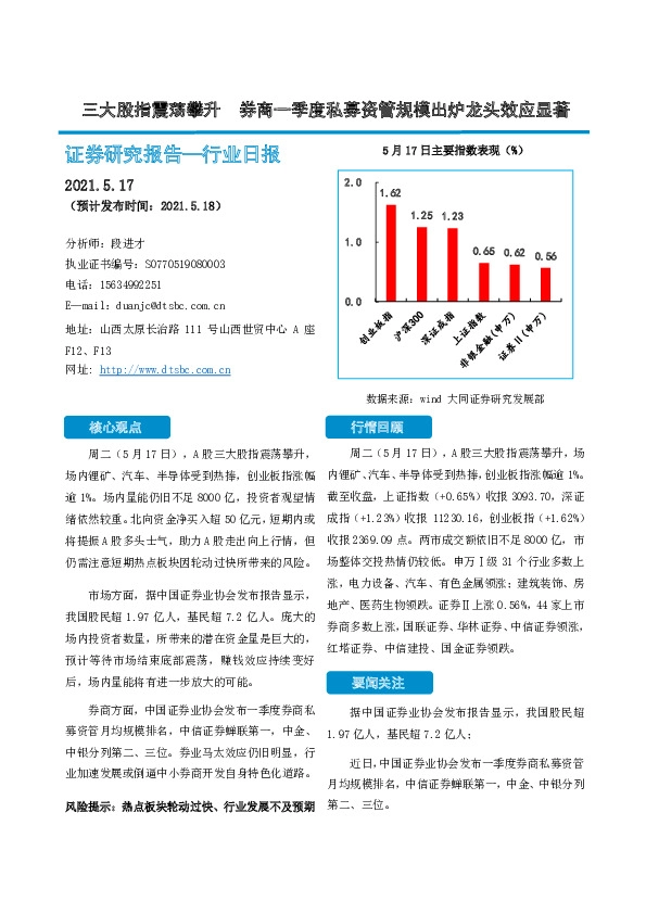 非银金融行业日报：三大股指震荡攀升 券商一季度私募资管规模出炉龙头效应显著