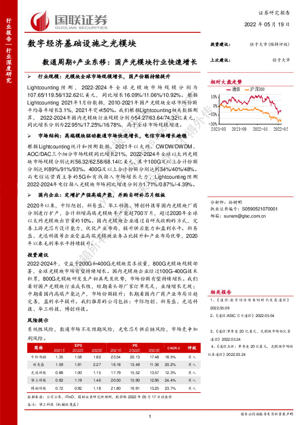数字经济基础设施之光模块：数通周期+产业东移：国产光模块行业快速增长