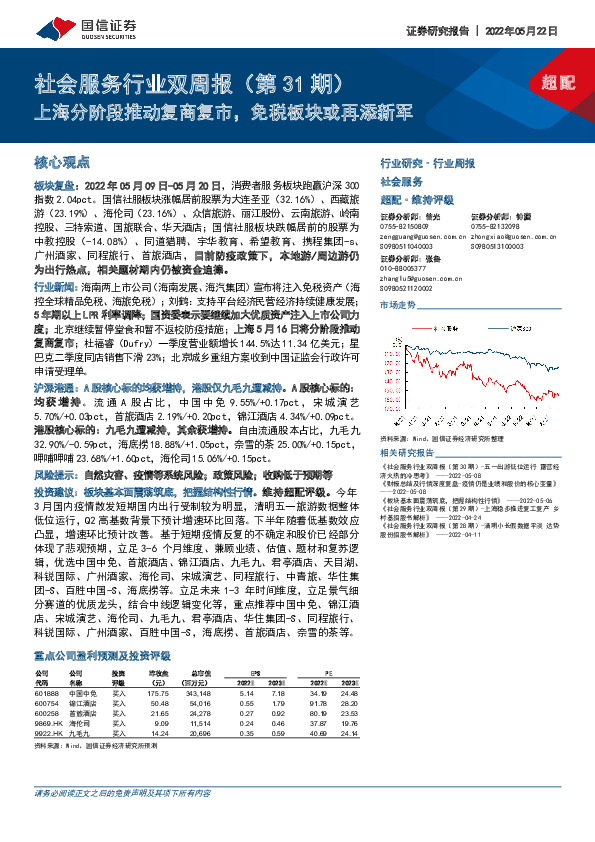 社会服务行业双周报（第31期）：上海分阶段推动复商复市，免税板块或再添新军