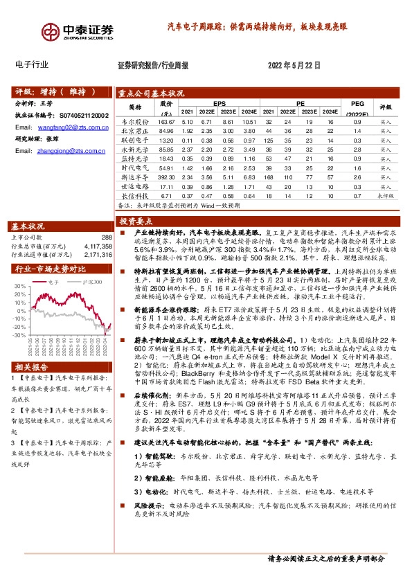 汽车电子周跟踪：供需两端持续向好，板块表现亮眼