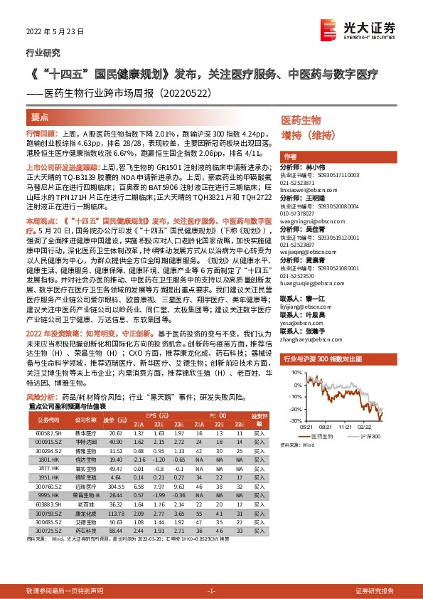 医药生物行业跨市场周报：《“十四五”国民健康规划》发布，关注医疗服务、中医药与数字医疗
