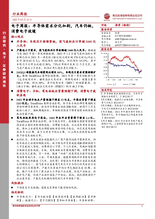 电子周报：半导体需求分化加剧，汽车仍缺，消费电子放缓