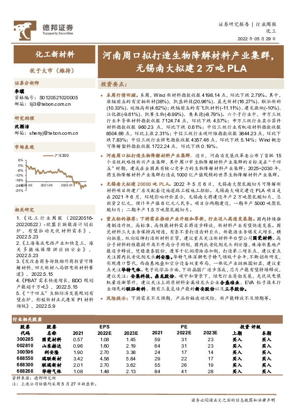 化工新材料行业周报：河南周口拟打造生物降解材料产业集群，无锡南大拟建2万吨PLA