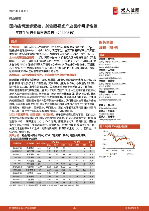 医药生物行业跨市场周报：国内疫情逐步受控，关注眼视光产业医疗需求恢复