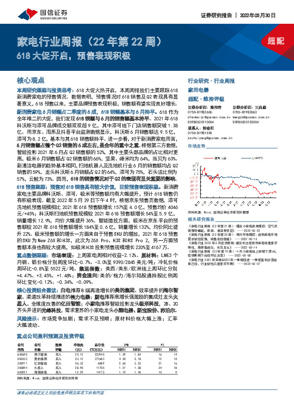 家电行业周报（22年第22周）：618大促开启，预售表现积极