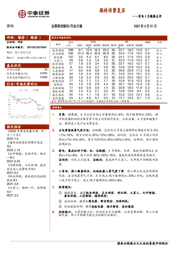 家电4月数据点评：期待消费复苏