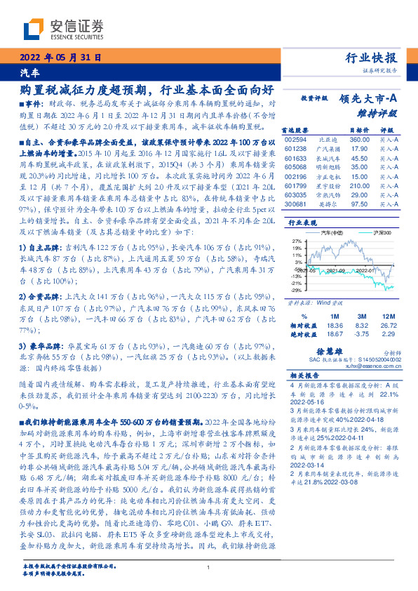 汽车：购置税减征力度超预期，行业基本面全面向好