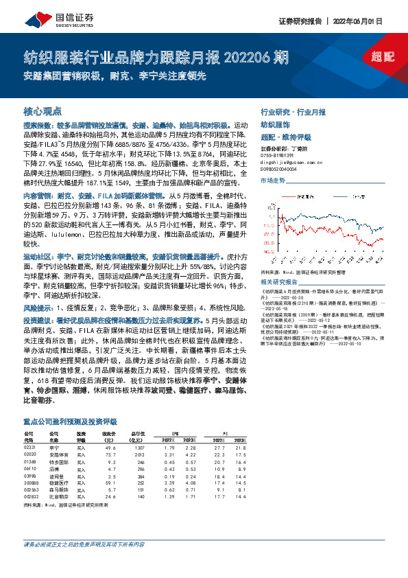 纺织服装行业品牌力跟踪月报202206期：安踏集团营销积极，耐克、李宁关注度领先