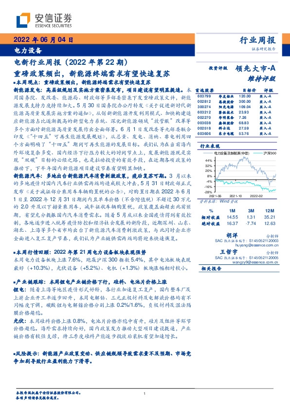 电新行业周报（2022年第22期）：重磅政策频出，新能源终端需求有望快速复苏
