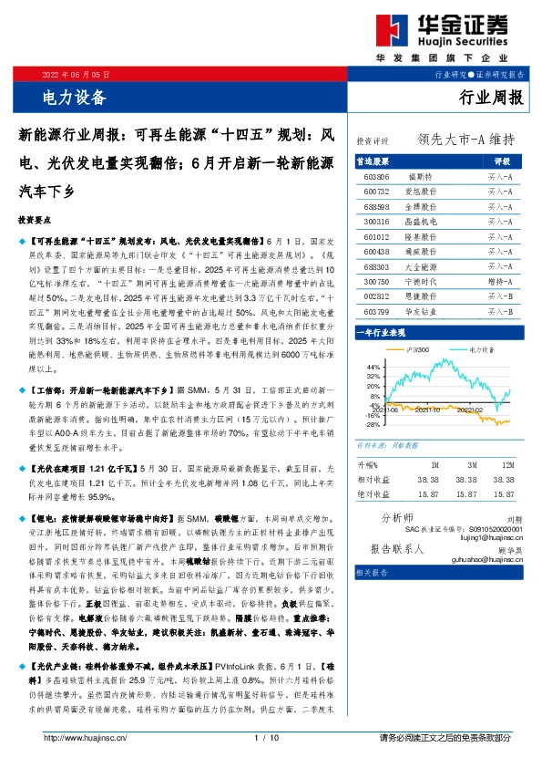 新能源行业周报：可再生能源“十四五”规划：风电、光伏发电量实现翻倍；6月开启新一轮新能源汽车下乡