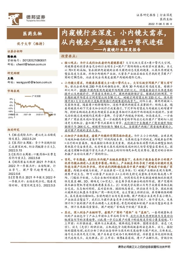 内窥镜行业深度报告：内窥镜行业深度：小内镜大需求，从内镜全产业链看进口替代进程