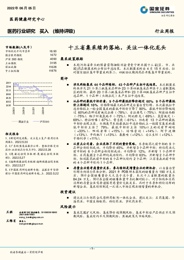 医药行业研究：十三省集采续约落地，关注一体化龙头