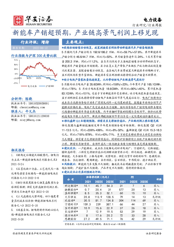 电力设备行业周报：新能车产销超预期，产业链高景气利润上移兑现