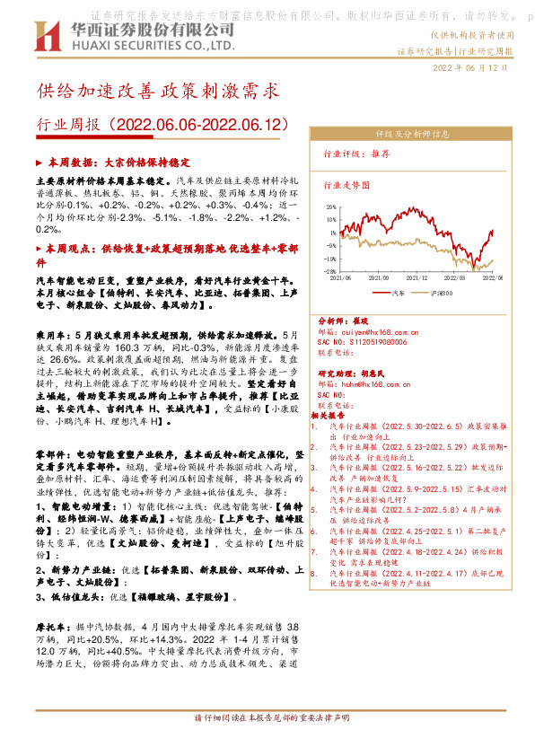 汽车行业周报：供给加速改善 政策刺激需求