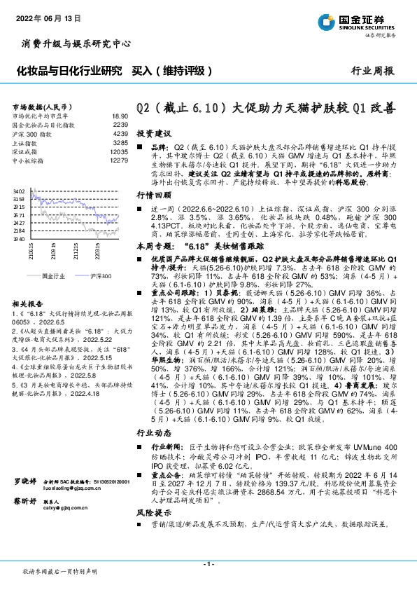 化妆品与日化行业研究：Q2（截止6.10）大促助力天猫护肤较Q1改善