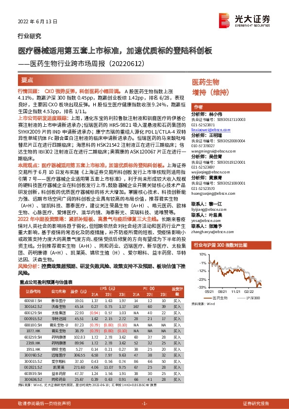 医药生物行业跨市场周报：医疗器械适用第五套上市标准，加速优质标的登陆科创板