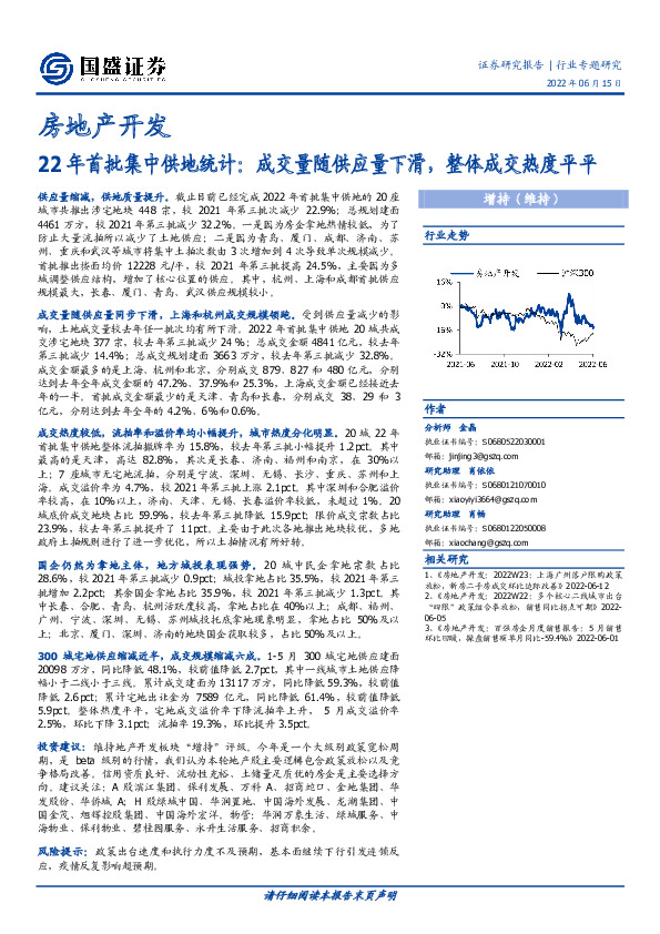房地产开发22年首批集中供地统计：成交量随供应量下滑，整体成交热度平平