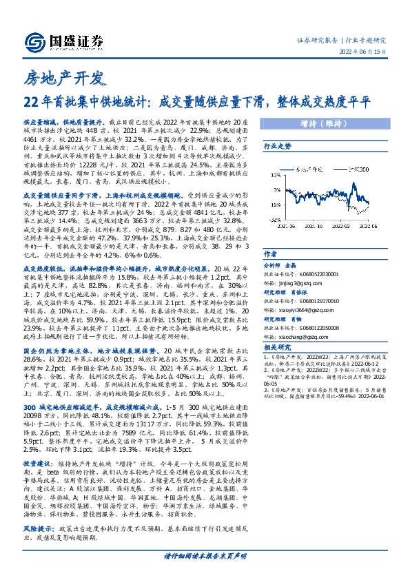 房地产开发22年首批集中供地统计：成交量随供应量下滑，整体成交热度平平