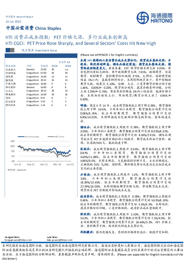 HTI消费品成本指数：PET价格大涨，多行业成本创新高