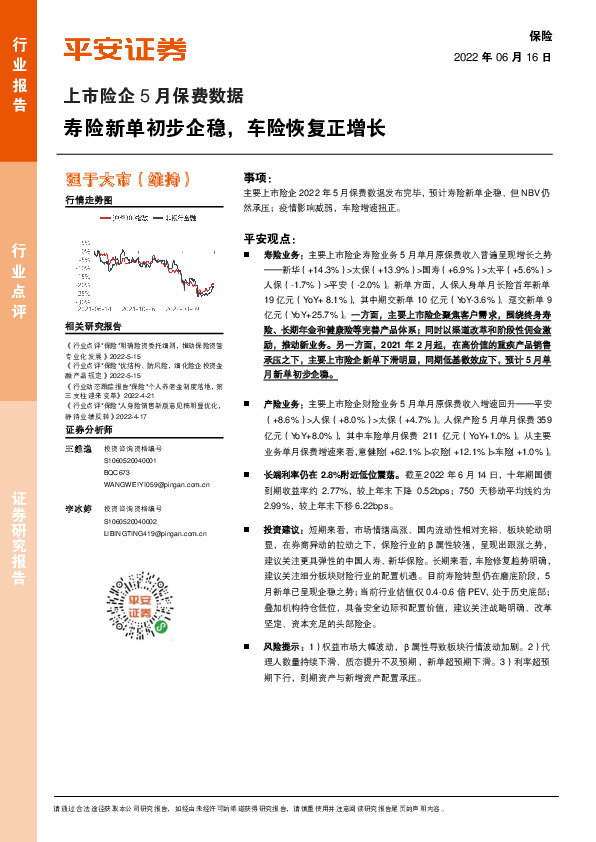 上市险企5月保费数据：寿险新单初步企稳，车险恢复正增长