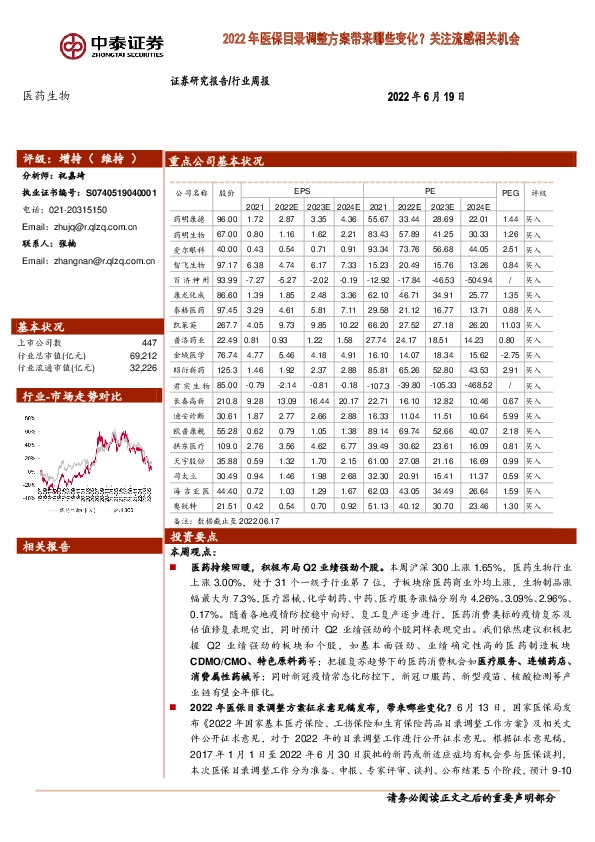 医药生物行业周报：2022年医保目录调整方案带来哪些变化？关注流感相关机会