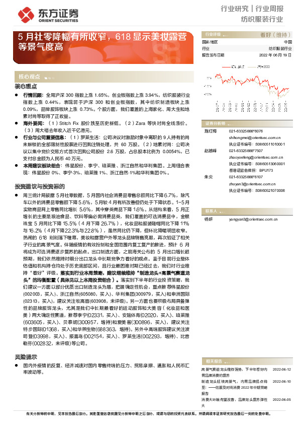纺织服装行业周报：5月社零降幅有所收窄，618显示美妆露营等景气度高