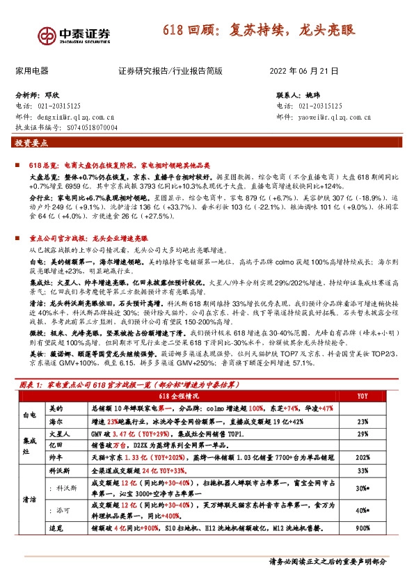 家用电器行业报告简版：618回顾：复苏持续，龙头亮眼