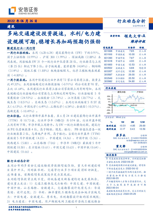 建筑行业动态分析：多地交通建设投资提速，水利/电力建设规模可期，稳增长再加码预期仍强劲