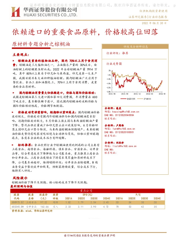 原材料专题分析之棕榈油：依赖进口的重要食品原料，价格较高位回落
