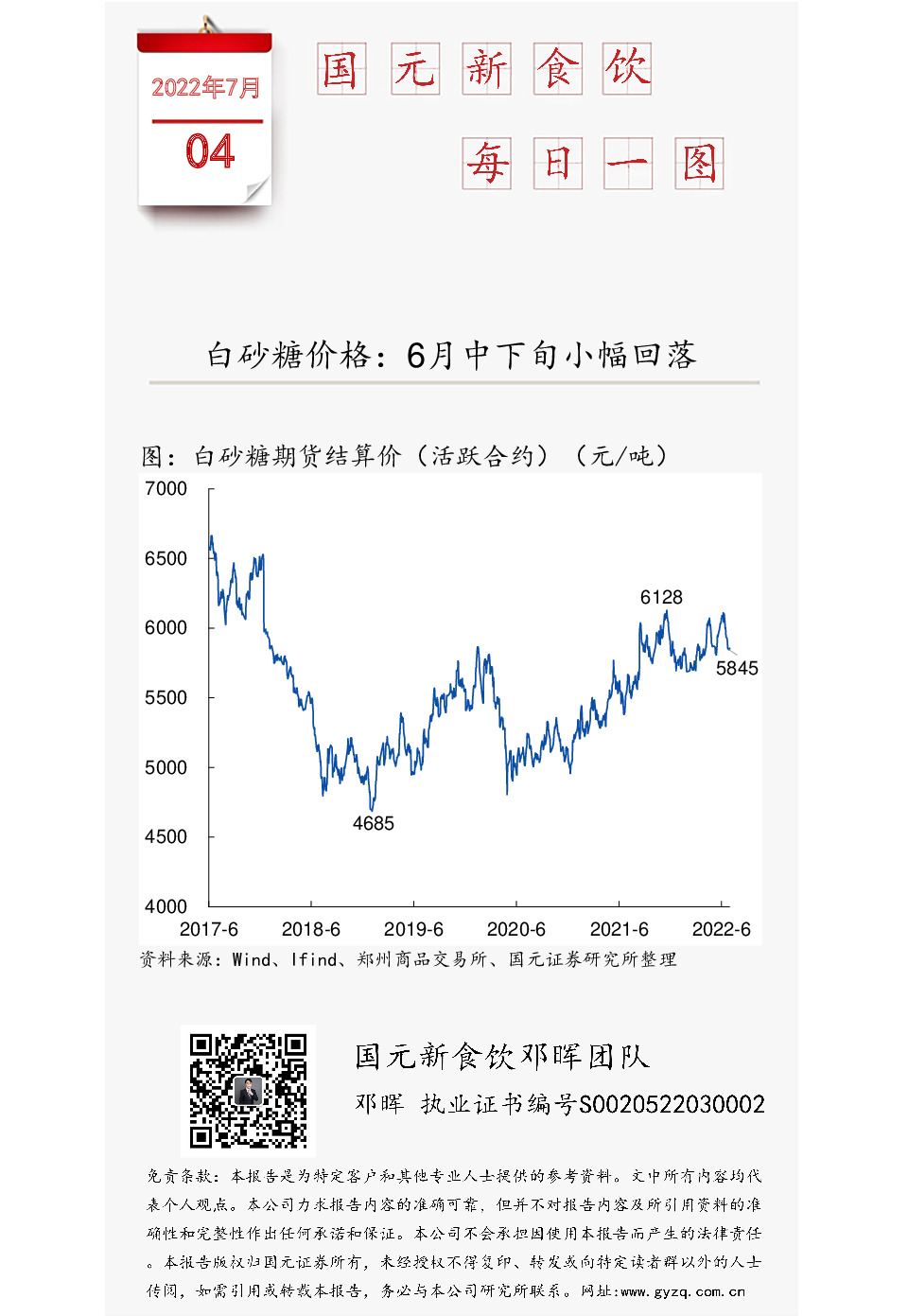 国元新食饮每日一图：白砂糖价格：6月中下旬小幅回落