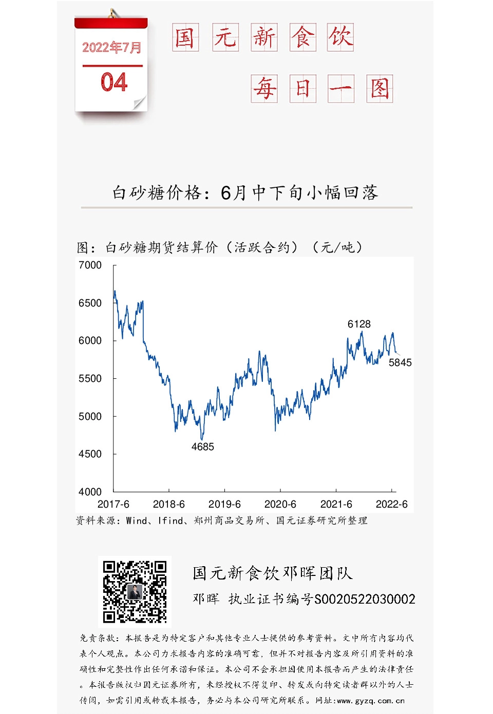 国元新食饮每日一图：白砂糖价格：6月中下旬小幅回落