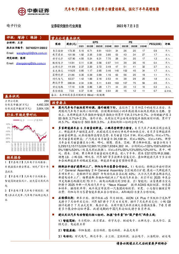 汽车电子周跟踪：6月新势力销量创新高，强化下半年高增预期