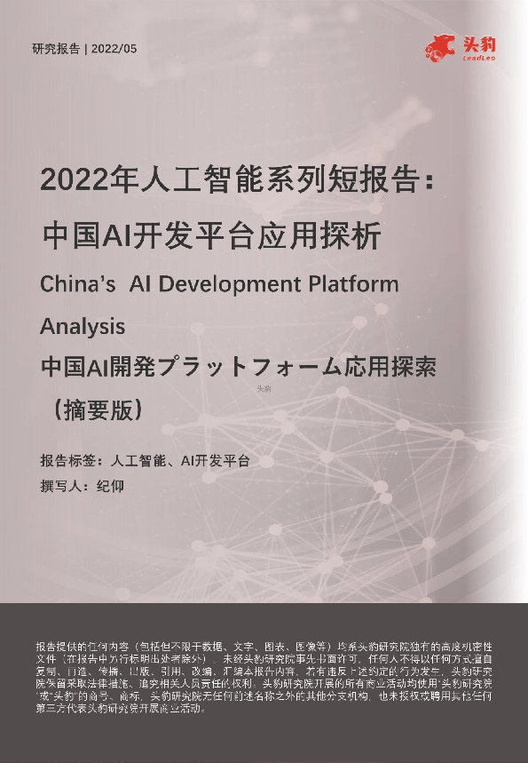 2022年人工智能系列短报告：中国AI开发平台应用探析（摘要版）