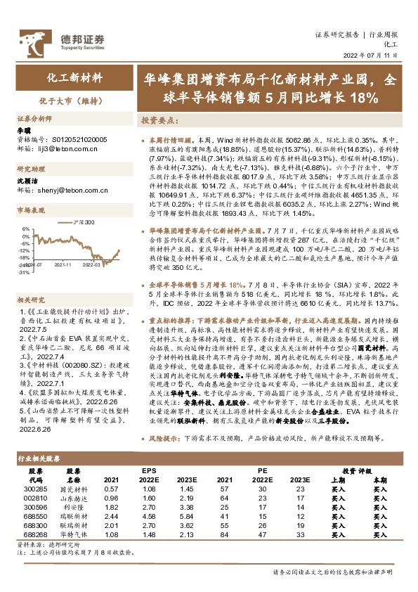 化工新材料行业周报：华峰集团增资布局千亿新材料产业园，全球半导体销售额5月同比增长18%