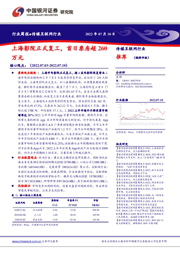 传媒互联网行业周报：上海影院正式复工，首日票房超260万元