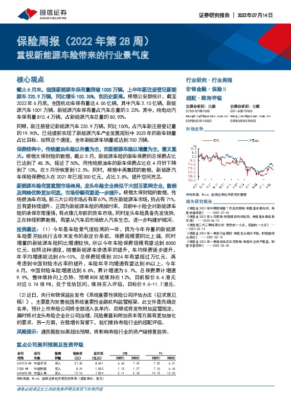 保险周报（2022年第28周）：重视新能源车险带来的行业景气度