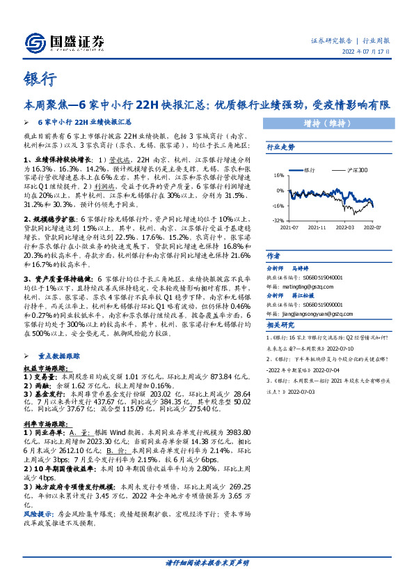 银行本周聚焦：6家中小行22H快报汇总：优质银行业绩强劲，受疫情影响有限