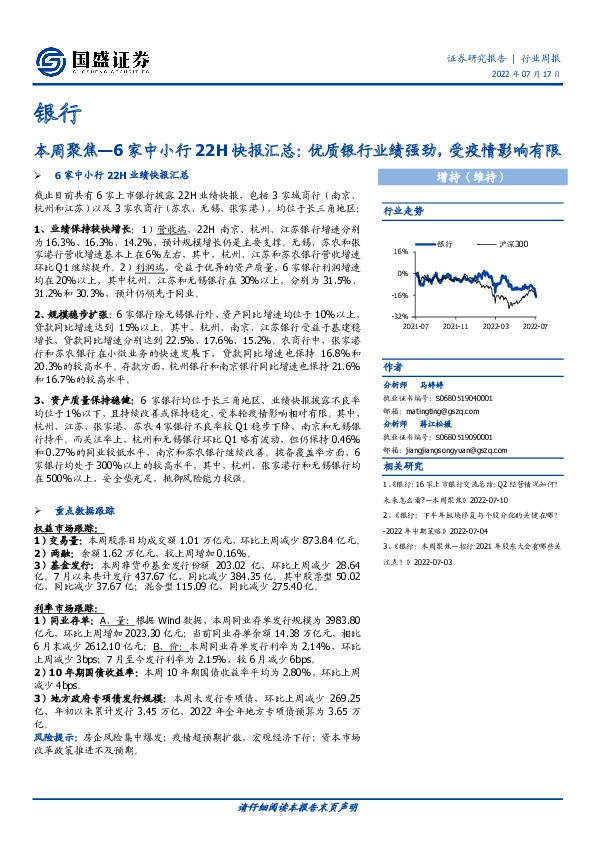 银行本周聚焦：6家中小行22H快报汇总：优质银行业绩强劲，受疫情影响有限