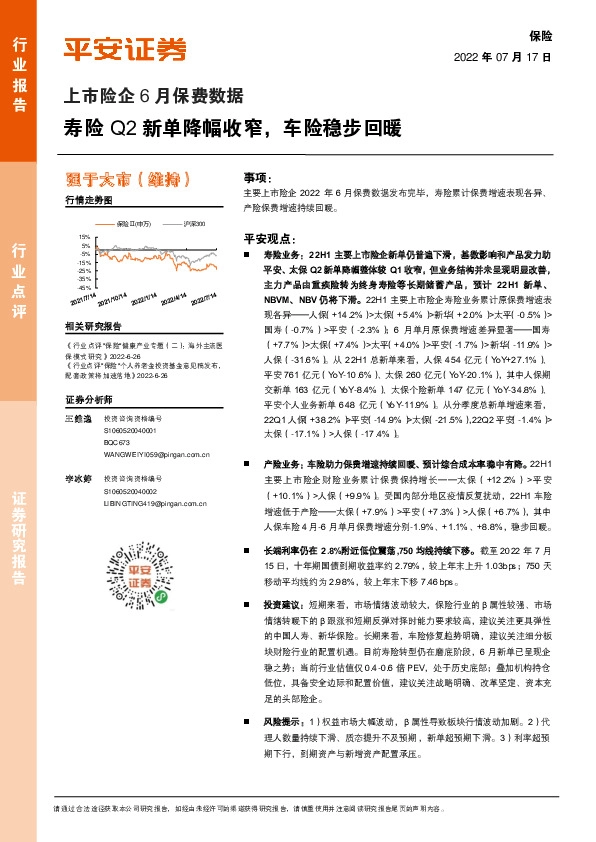 上市险企6月保费数据：寿险Q2新单降幅收窄，车险稳步回暖