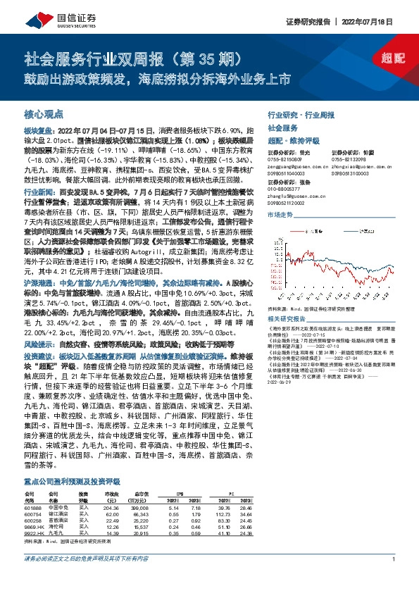 社会服务行业双周报（第35期）：鼓励出游政策频发，海底捞拟分拆海外业务上市
