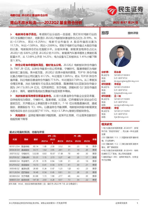 电新行业2022Q2基金持仓分析：青山不改水长流——2022Q2基金持仓分析