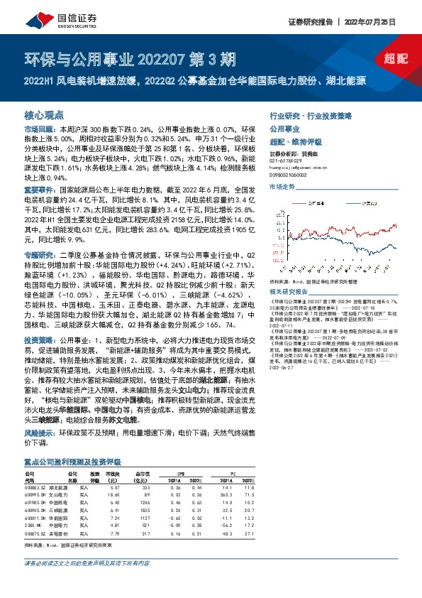 环保与公用事业202207第3期：2022H1风电装机增速放缓，2022Q2公募基金加仓华能国际电力股份、湖北能源