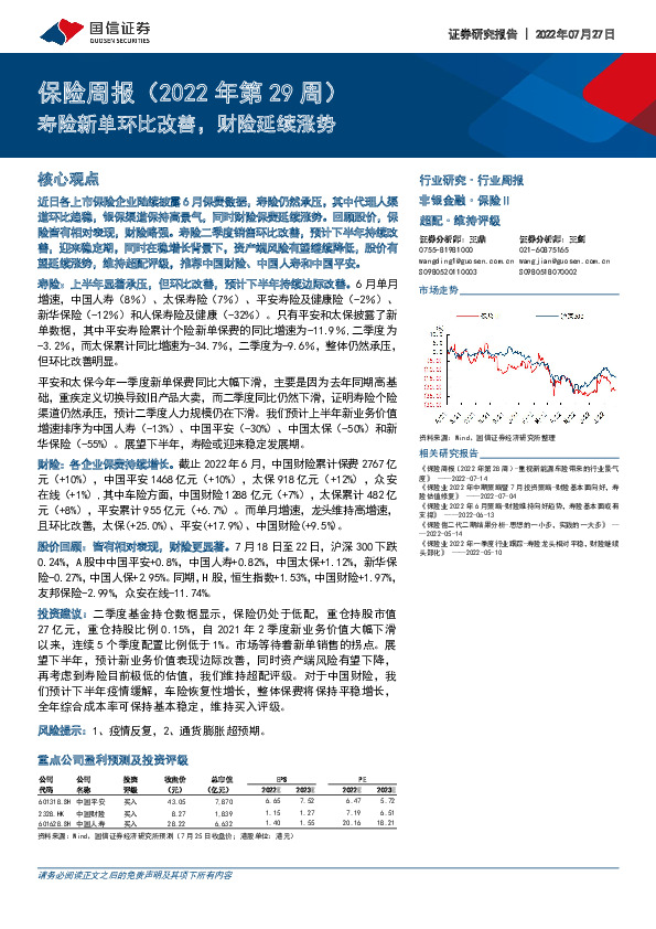 保险周报（2022年第29周）：寿险新单环比改善，财险延续涨势